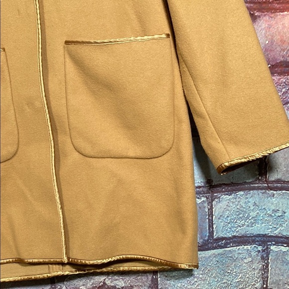 Kenneth Cole Wool Blend Coat L Camel Tan Open Front Minimalist Long Jacket - Picture 3 of 7